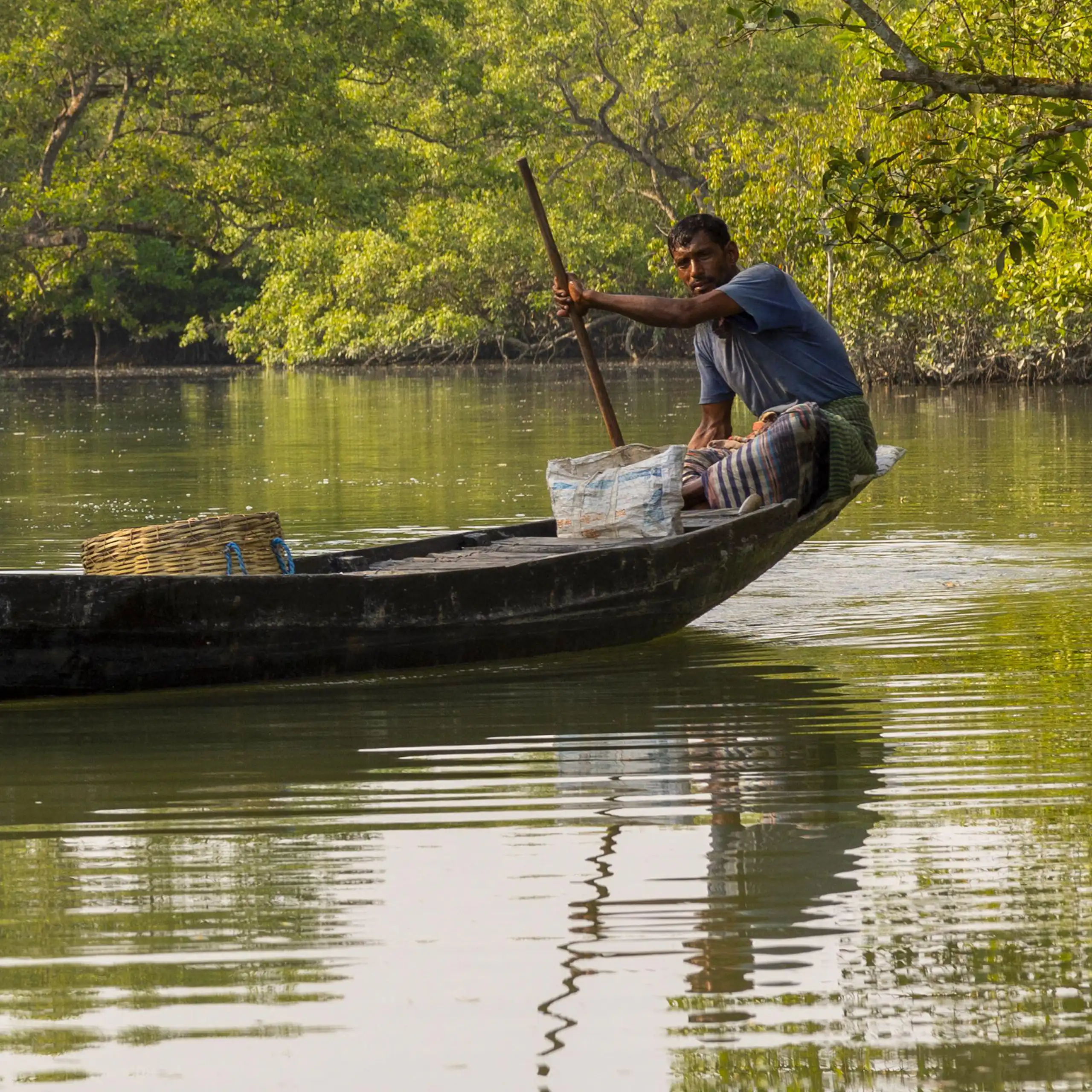 two men on small boat in mangrove forest