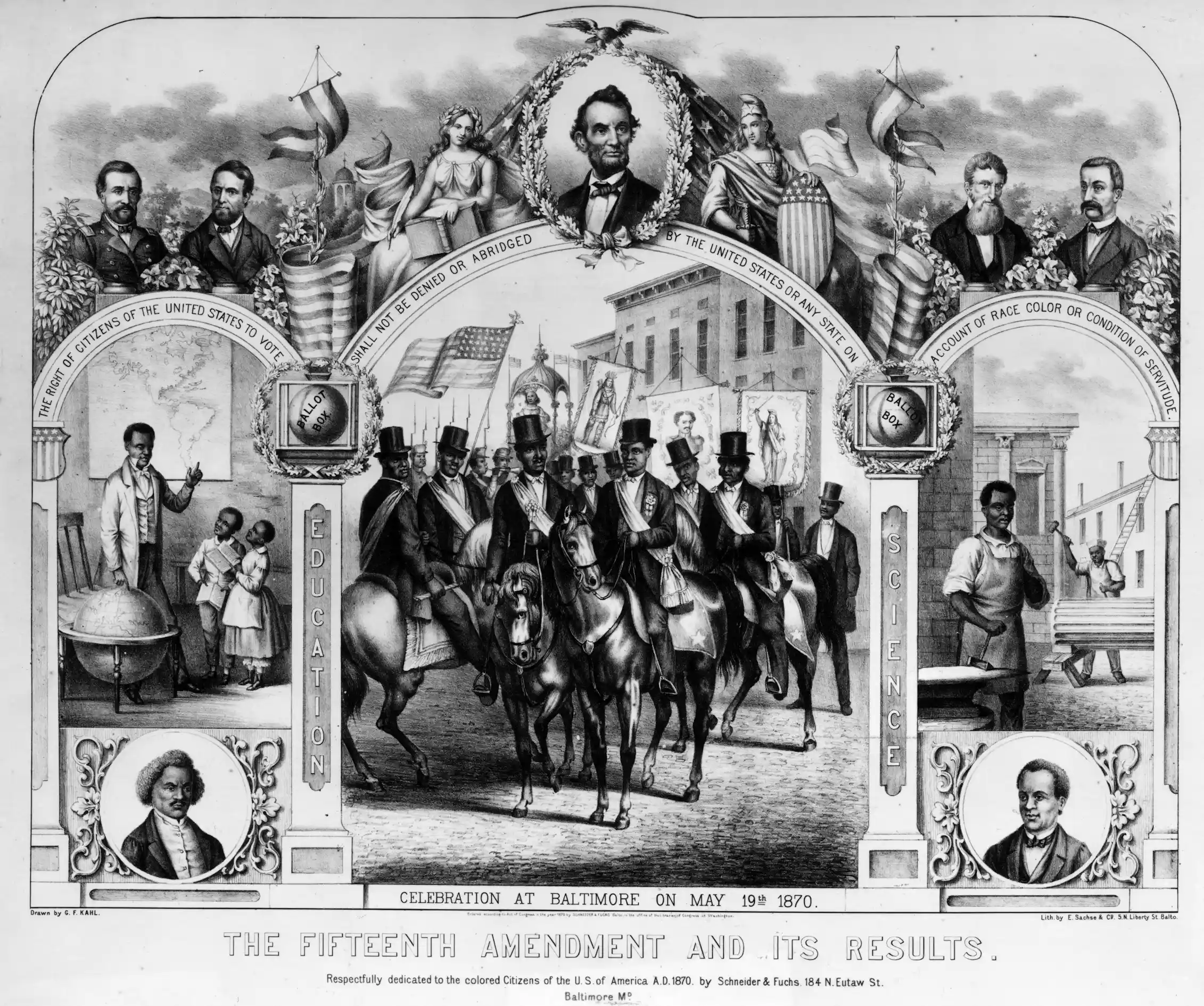 A print with various scenes about the progress of Blacks in America after emancipation and passage of the 15th Amendment.