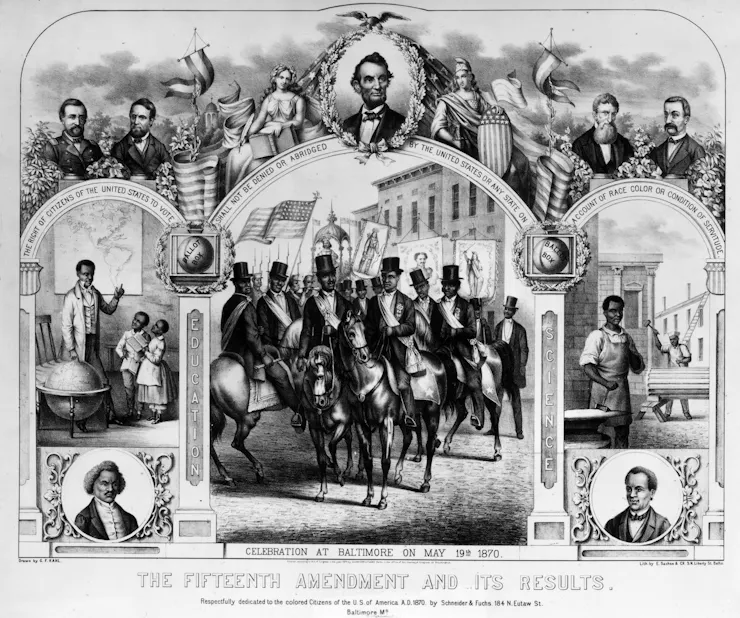 A print with various scenes about the progress of Blacks in America after emancipation and passage of the 15th Amendment.