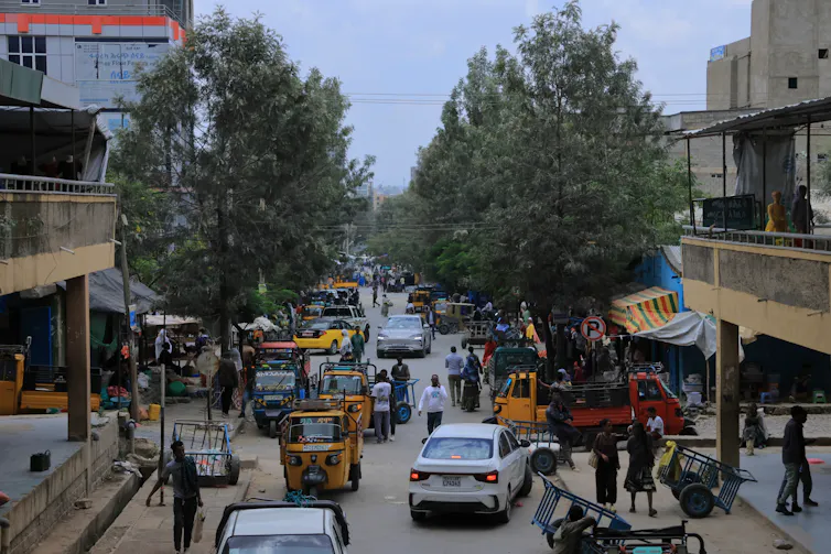Two large trees flank a road with cars and people.