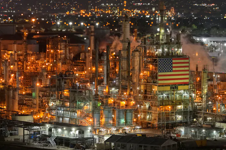 An industrial area is viewed from the air, showing lights and tubes and pipes and metal buildings.