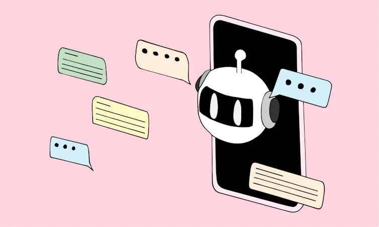 A graphic image shows a light pink background with a black cellphone, a white robotlike head and various speech bubbles around it.