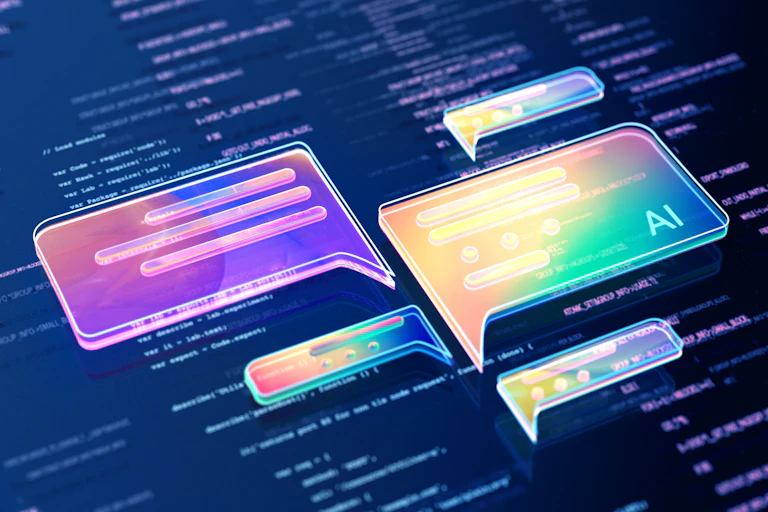 A blue background has various text boxes on it with various bright colors and the word AI.