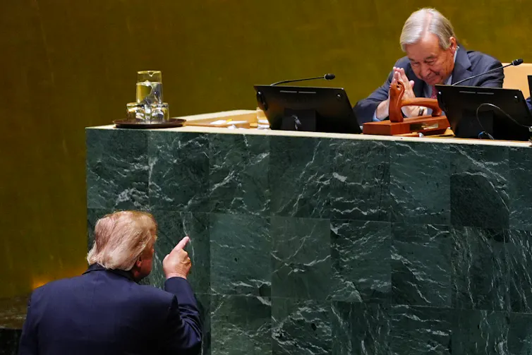Donald Trump points at Antonio Guterres after speaking to the UN General Assembly in 2026.