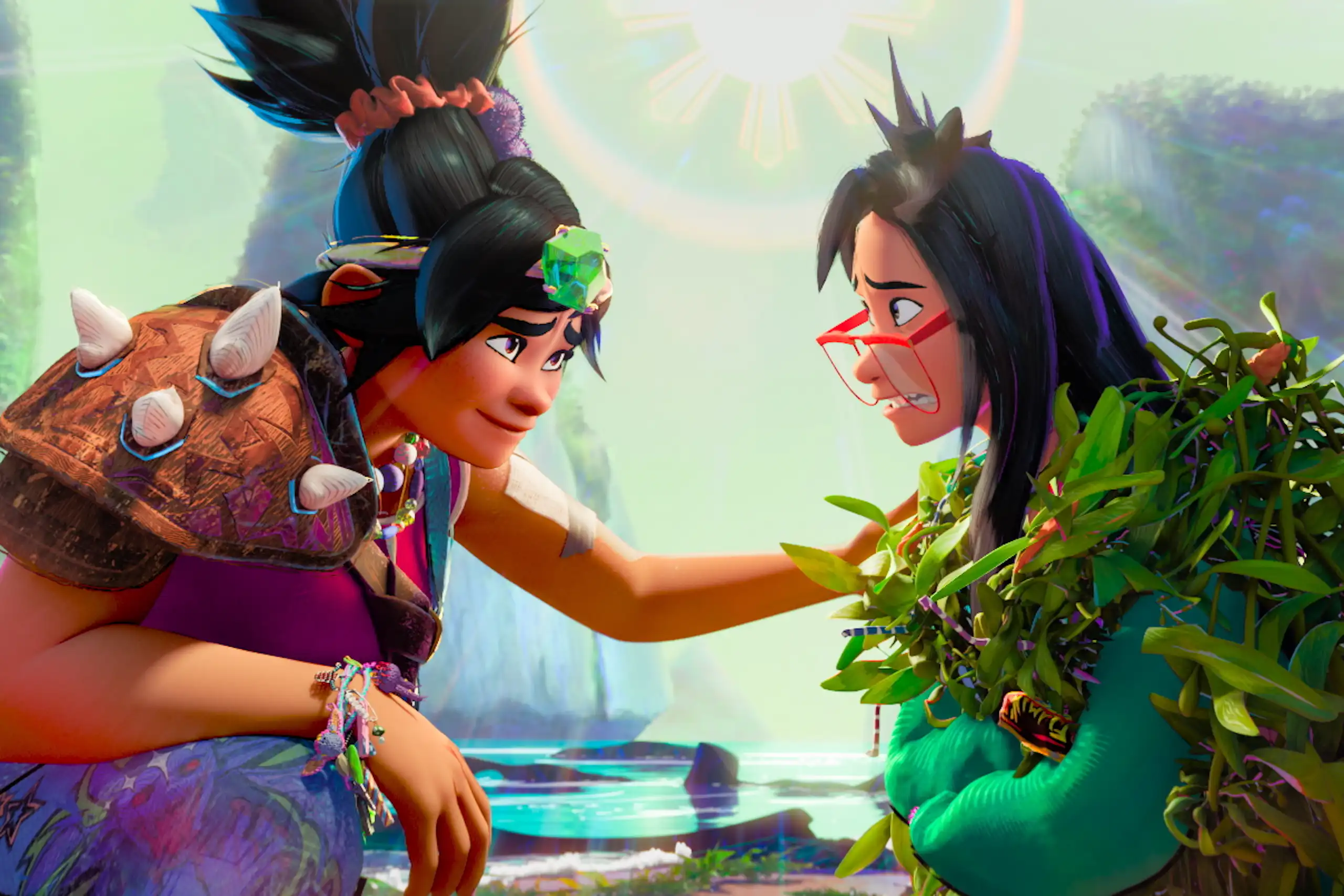 A colourful animated still showing to young women sitting across from each other with mountains and sea in the background.