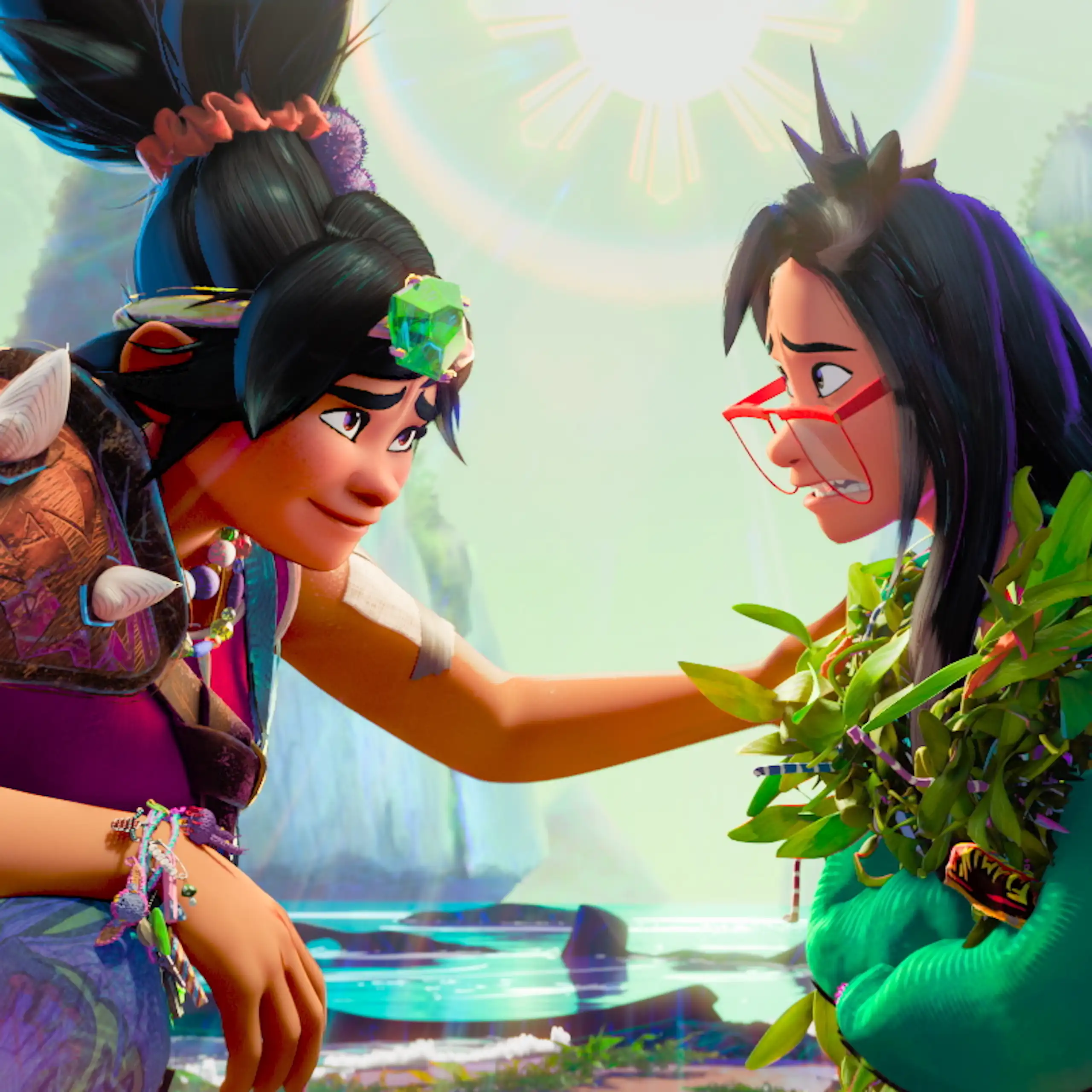 A colourful animated still showing to young women sitting across from each other with mountains and sea in the background.
