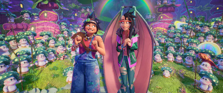 Two young women stand in a clearing with fantastic creatures surrounding them.