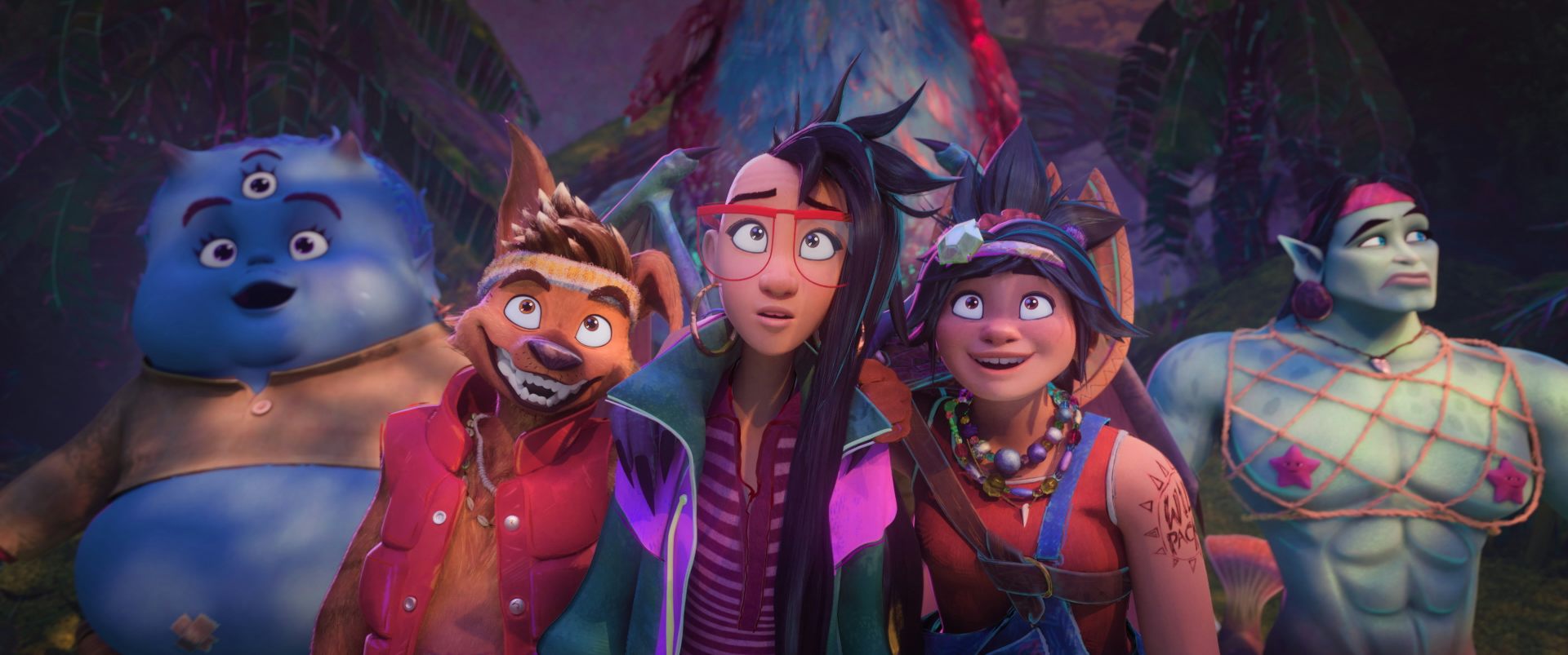 Two teens, a dog and two other supernatural creatures stand together looking quizzical.