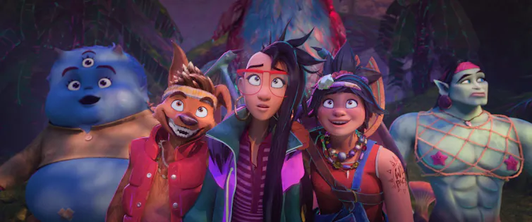 Two teens, a dog and two other supernatural creatures stand together looking quizzical.