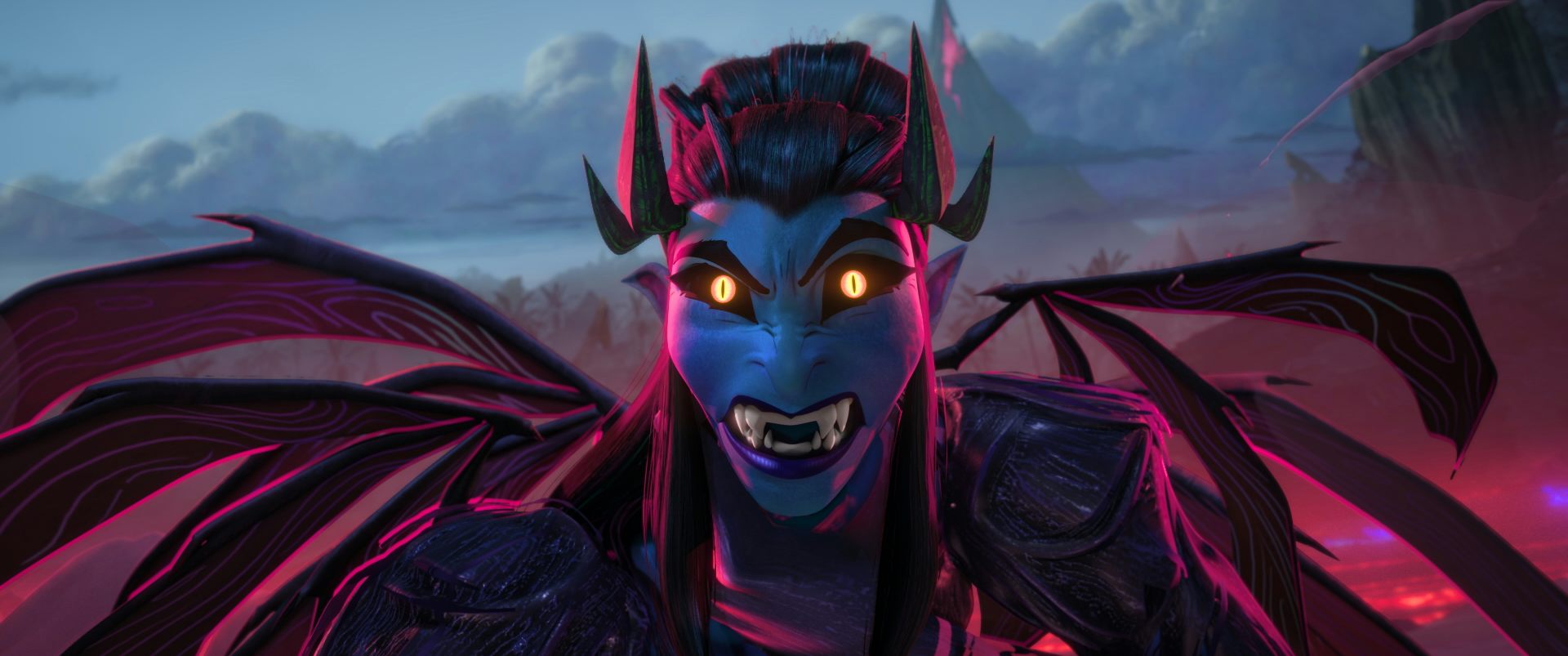Animation still showing a close up of a winged demon with glowing yellow eyes.