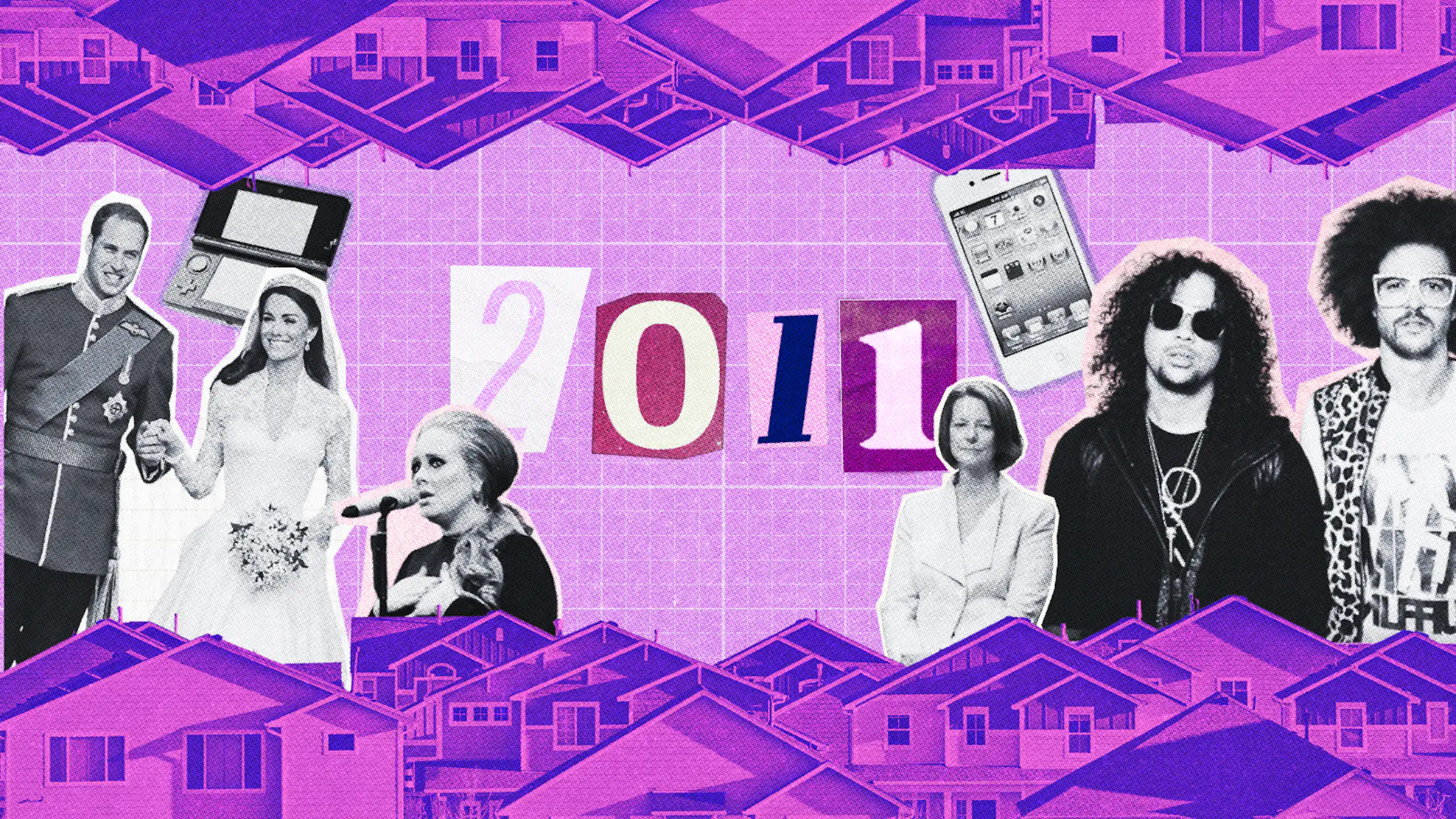 A composite image shows a royal wedding, various pieces of consumer technology from 2011, and some singers against a backdrop of houses, tinted purple; the year 2011 is written in a large magazine-collage font.