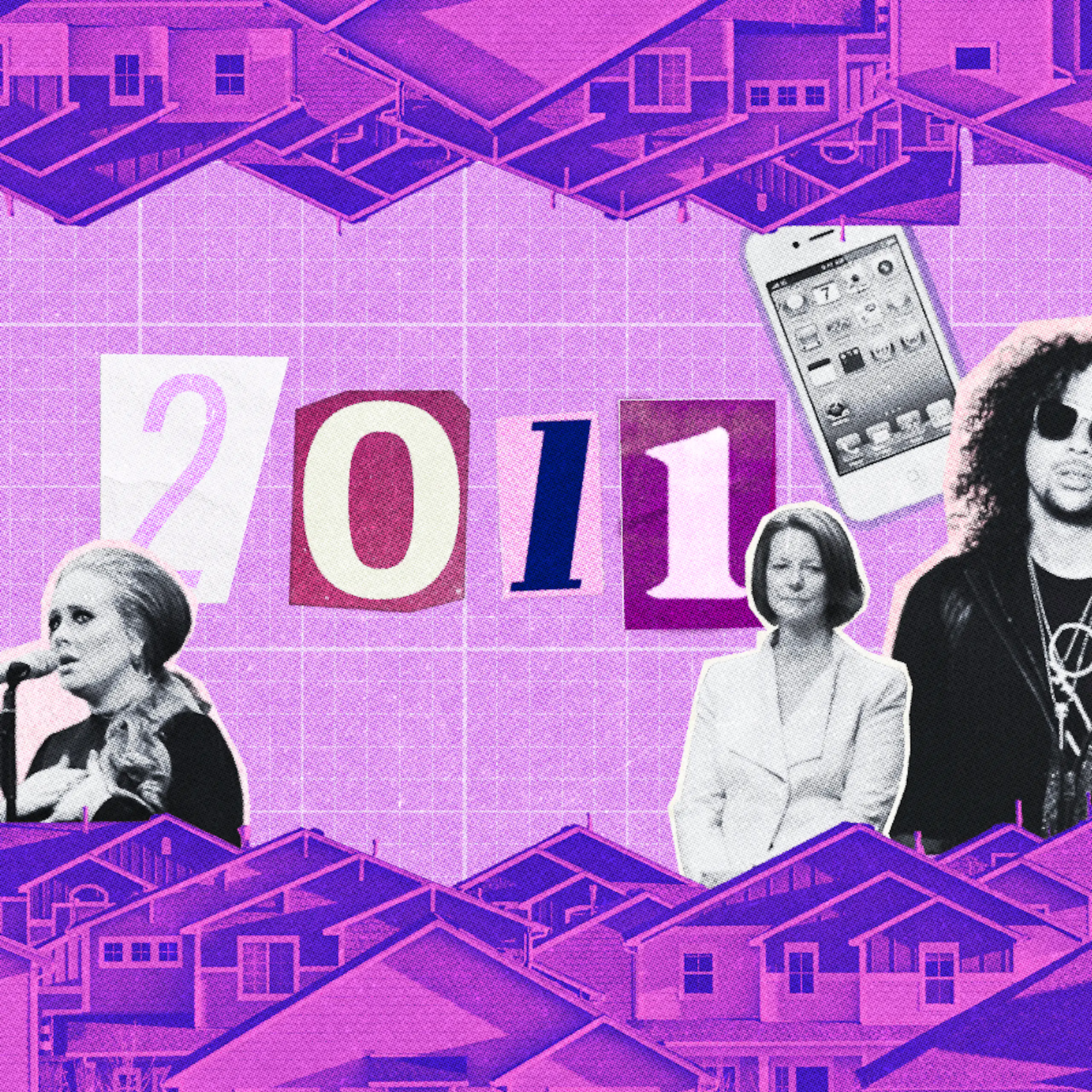 A composite image shows a royal wedding, various pieces of consumer technology from 2011, and some singers against a backdrop of houses, tinted purple; the year 2011 is written in a large magazine-collage font.