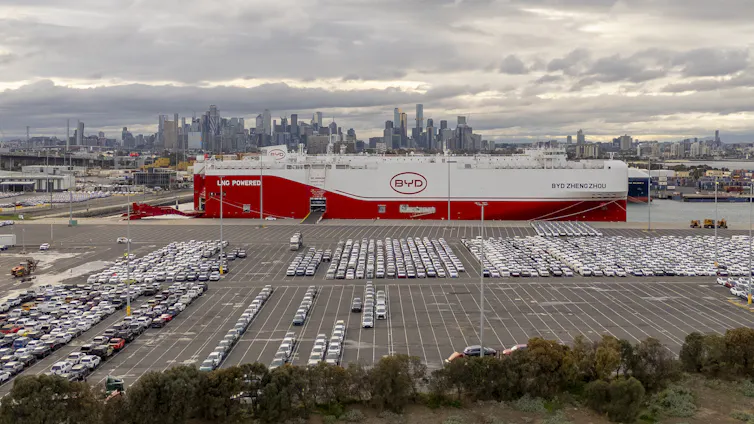 A general view of the BYD Zhengzhou ship recently offloading BYD vehicles on June 02, 2026.