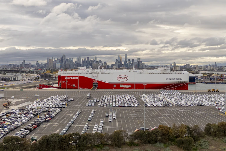 A general view of the BYD Zhengzhou ship recently offloading BYD vehicles on June 02, 2026.