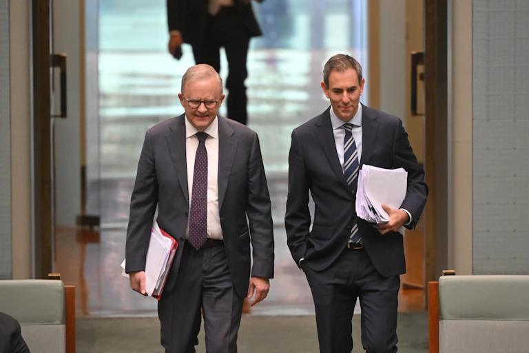 Prime Minister Anthony Albanese and Treasurer Jim Chalmers enter question time.