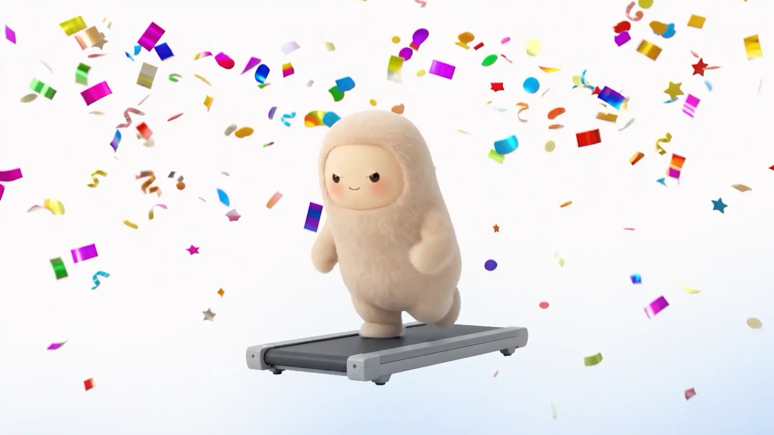 A cute animated creature running on a treadmill