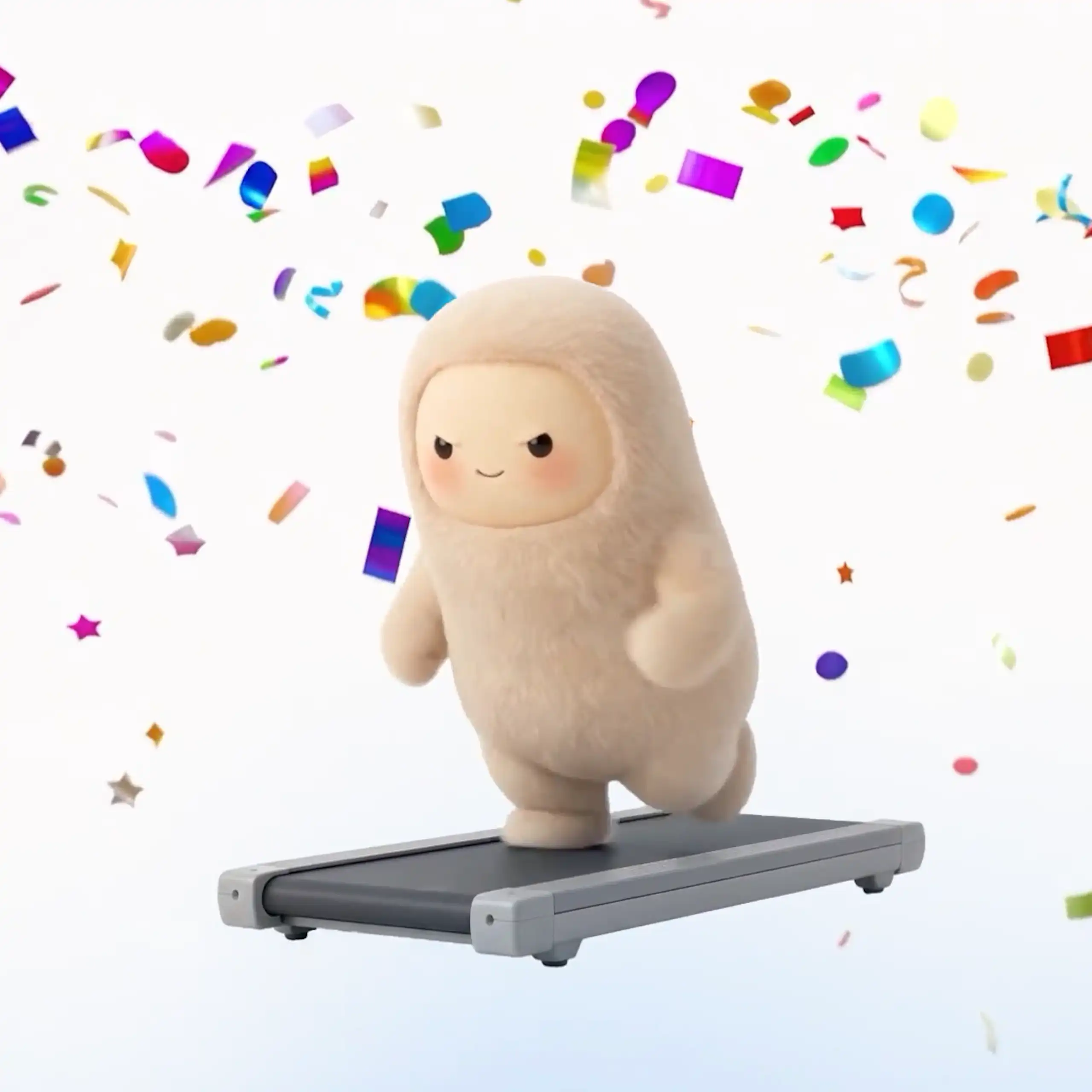 A cute animated creature running on a treadmill