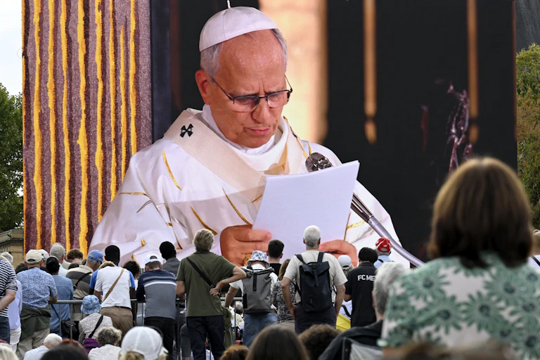 A close-up shot of Pope Leo XIV delivering his homily.