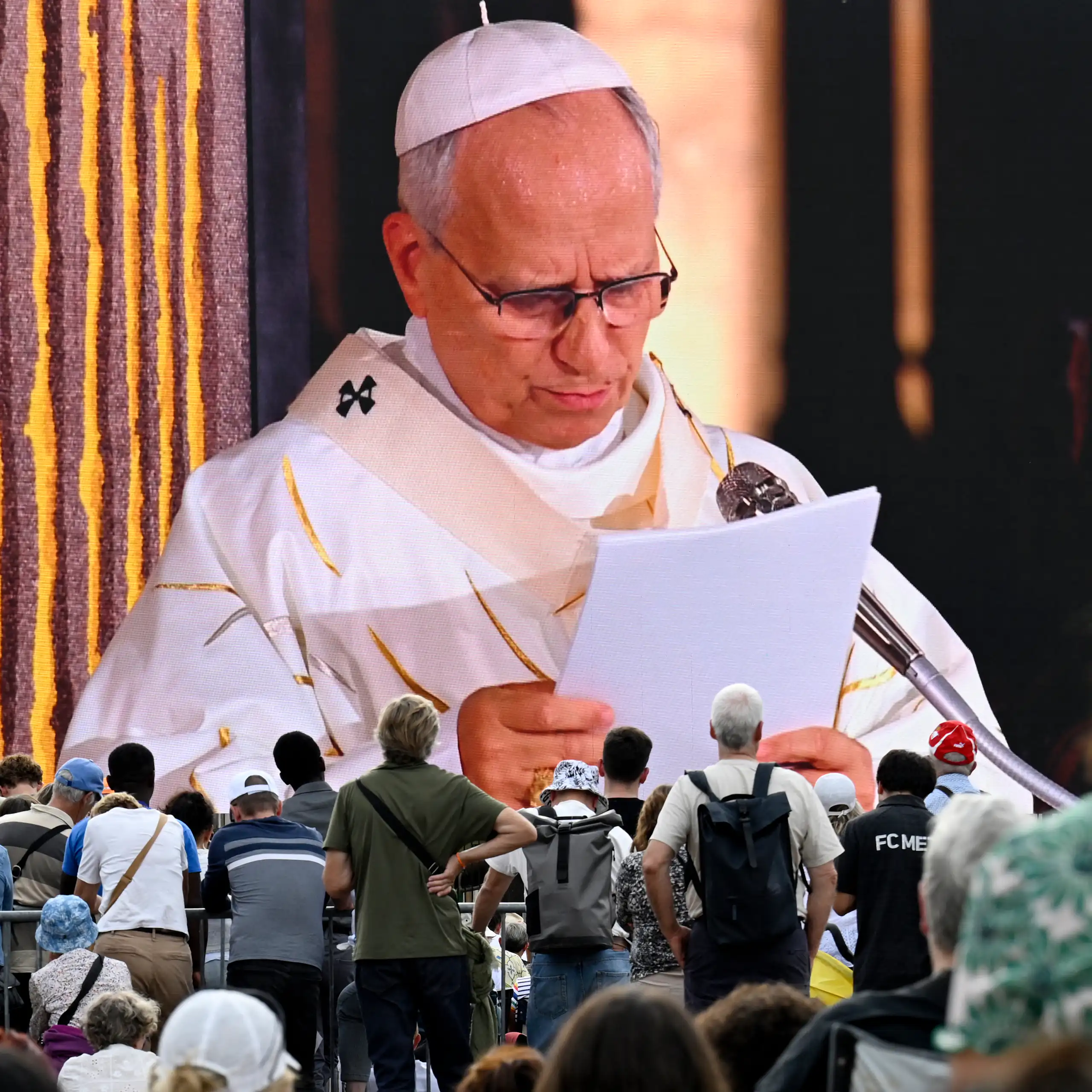 A close-up shot of Pope Leo XIV delivering his homily.