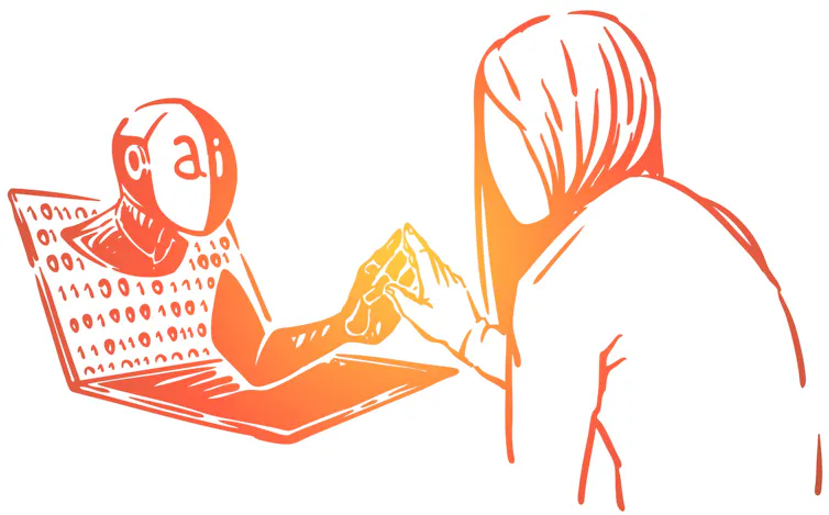 Illustration of a woman facing a humanised AI laptop.