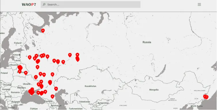 Map of temporary accommodation centres for deported persons in the Russian Federation and the Republic of Belarus.