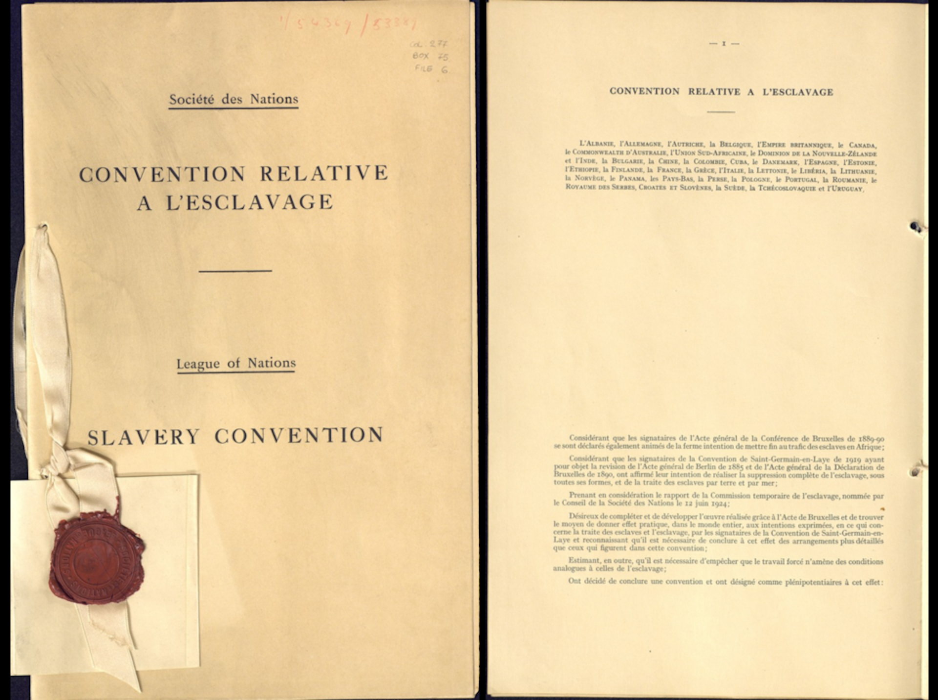 Original copy of the Slavery Convention in French