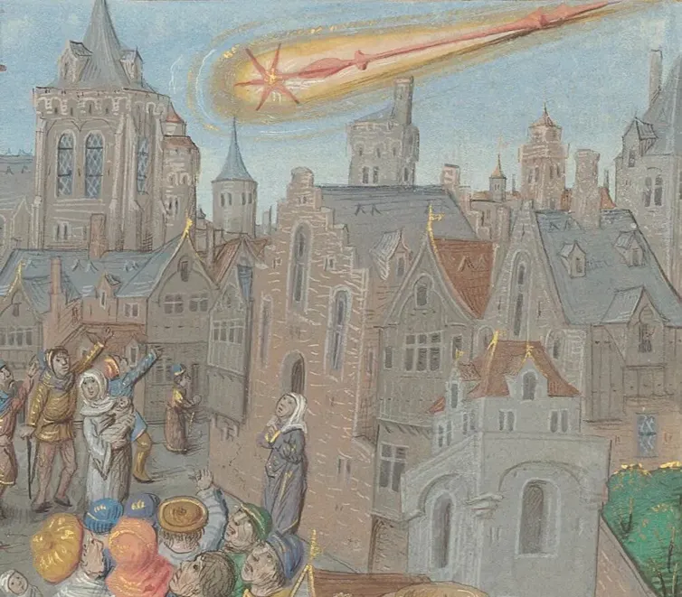 Painting of a comet above a city
