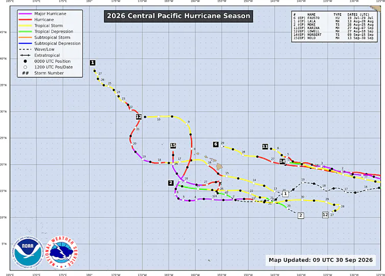 A map of storm tracks around Hawaii.