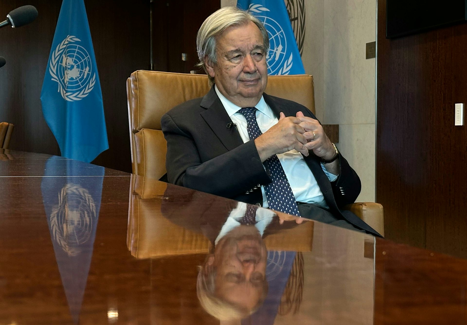 Antonio Guterres speaks during an interview at the United Nations headquarters.