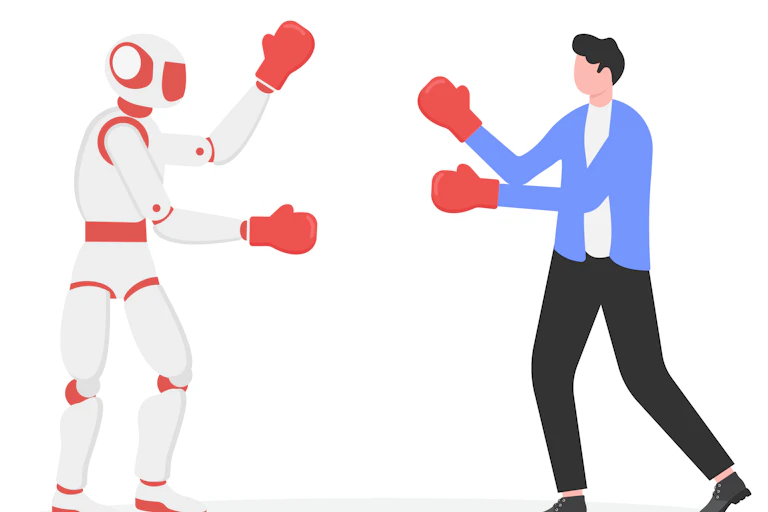 cartoon image of a humanoid robot and a man both wearing boxing gloves and facing each other, arms raised