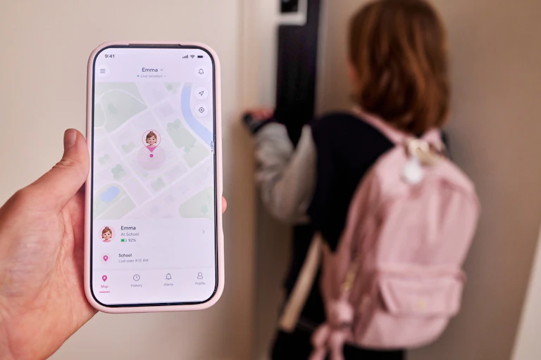 A parent's hand holding a smartphone with a GPS tracking app displaying their child's live location while the child is seen exiting the house.