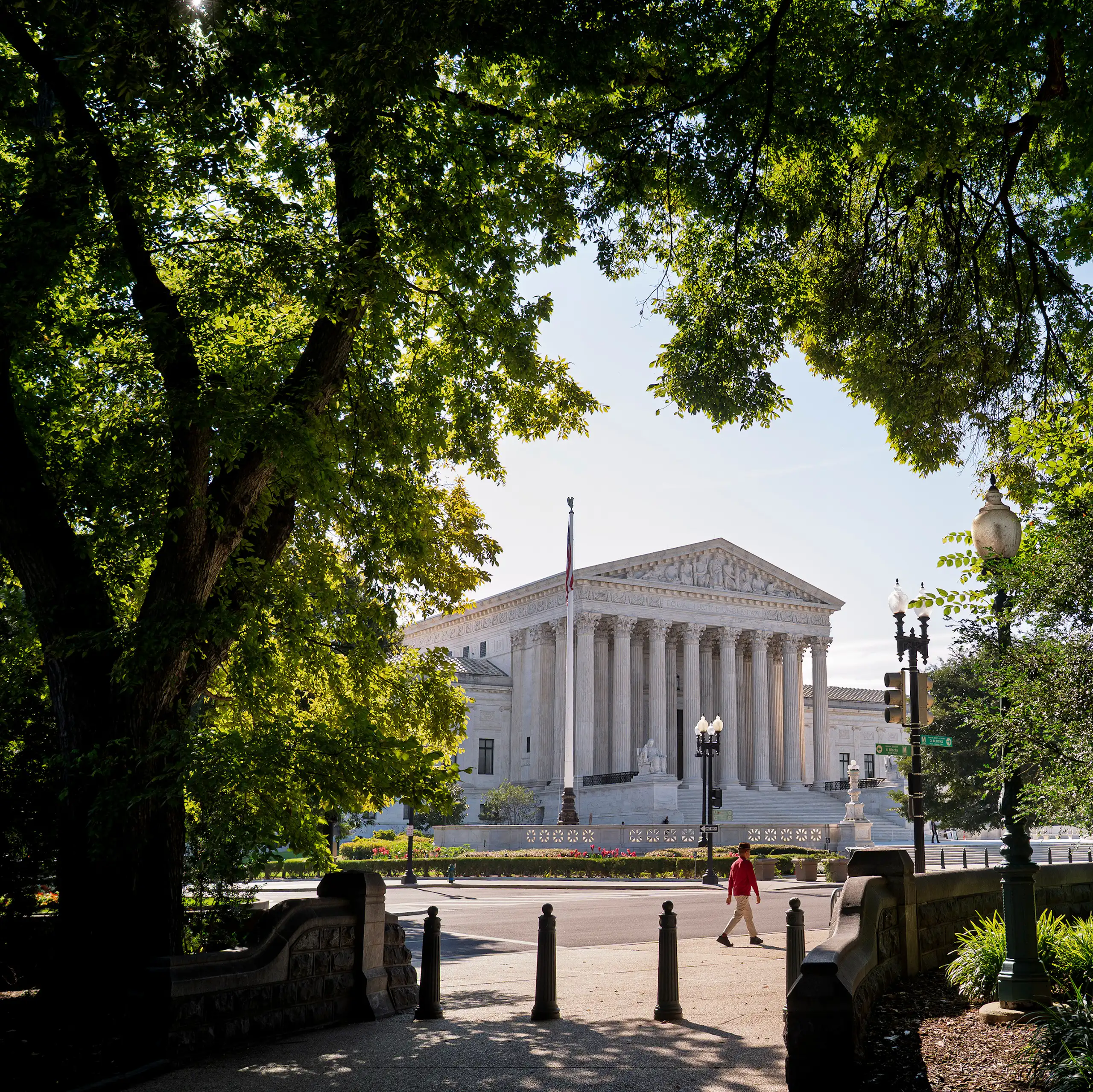 A tall white building with ornate pillars is seen through a hole in a row of trees.