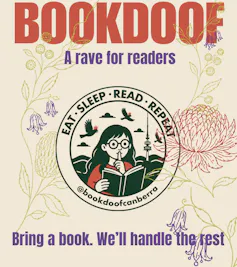 A poster for BookDoof in Canberra, with a picture of a woman reading and holding her fingers to her lips in a 'shhh' motion.
