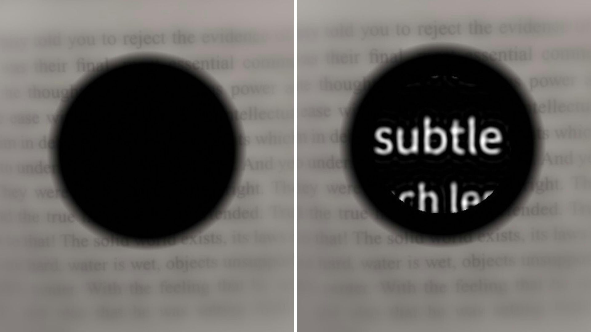 A simulated image showing how text in a book is readable for an AMD patient with PRIMA