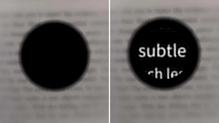 A simulated image showing how text in a book is readable for an AMD patient with PRIMA