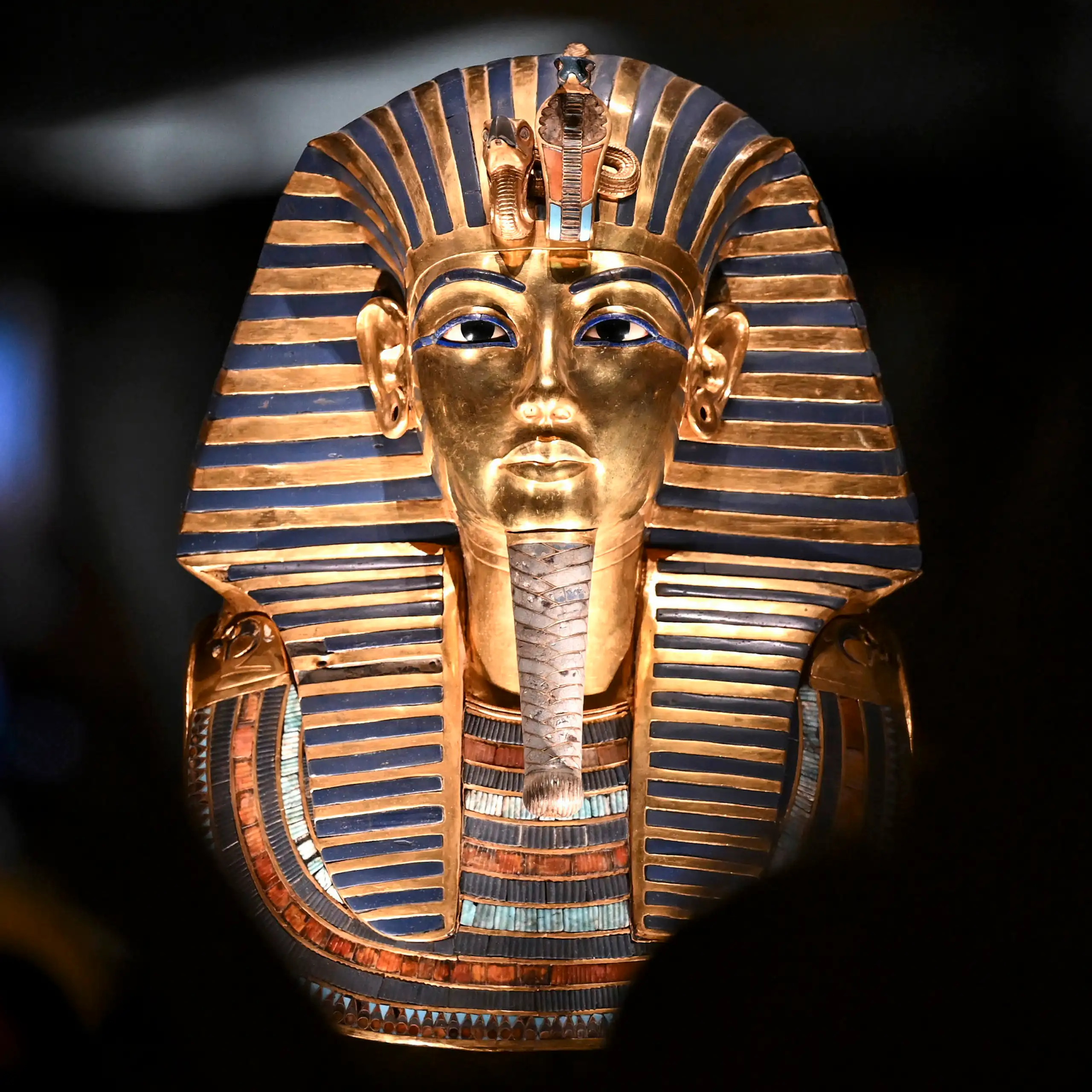 The golden mask of King Tutankhamun on display at the Grand Egyptian Museum in Giza.