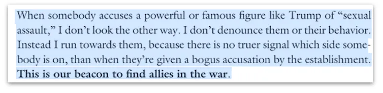 Block of text with highlighted sentence: When somebody accuses a powerful or famous figure like Trump of