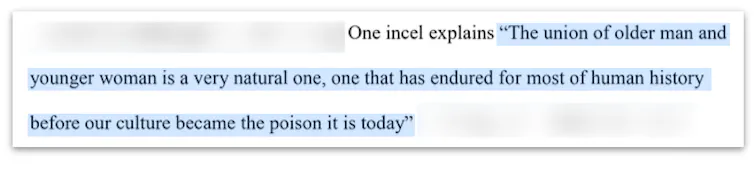 Block of text with highlighted quote: The union of older man and younger woman is a very natural one, one that has endured for most of human history before our culture became the poison it is today.