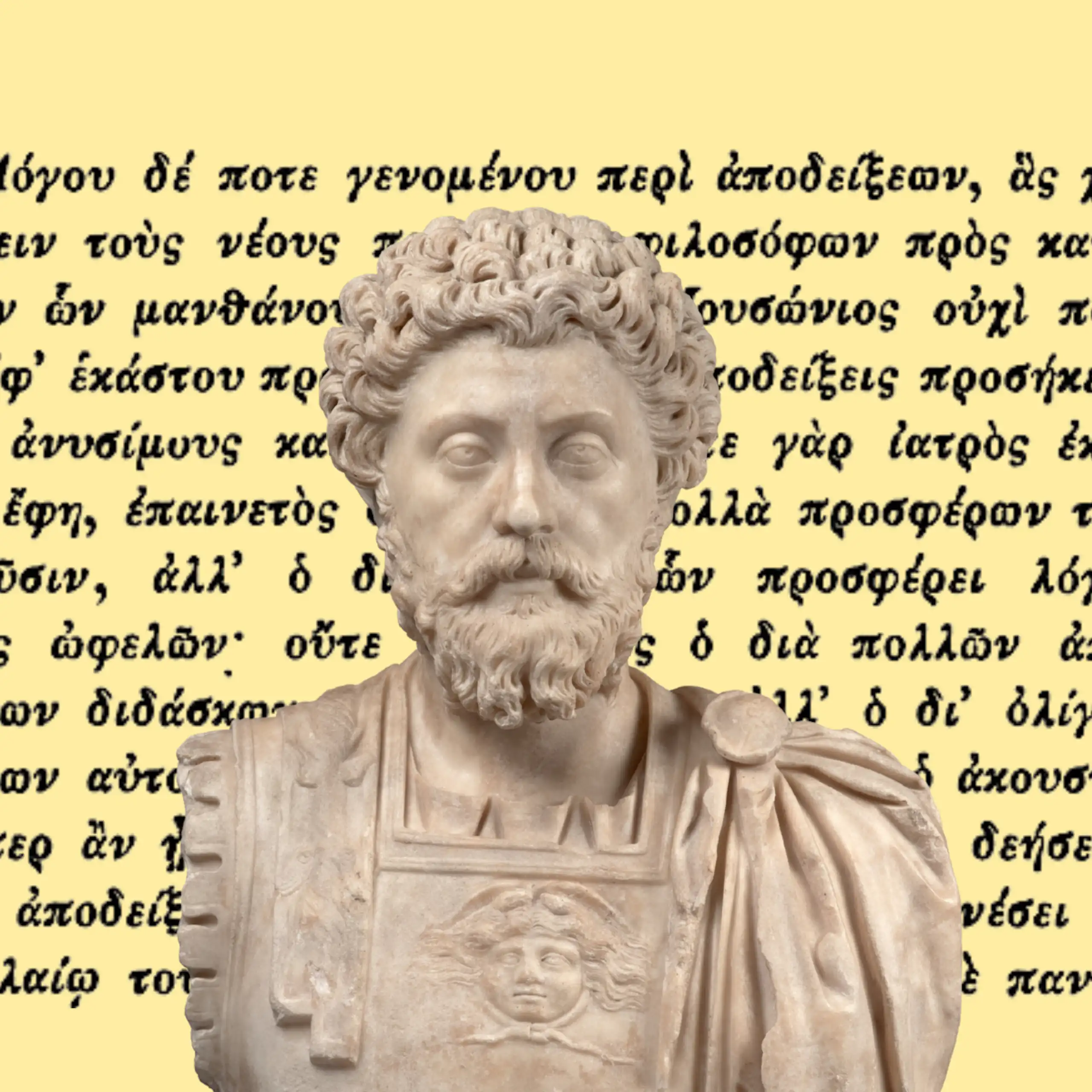 Buste de Marc Aurèle sur fond d’un texte de Gaius Musonius Rufus, qui écrivait en grec ancien.