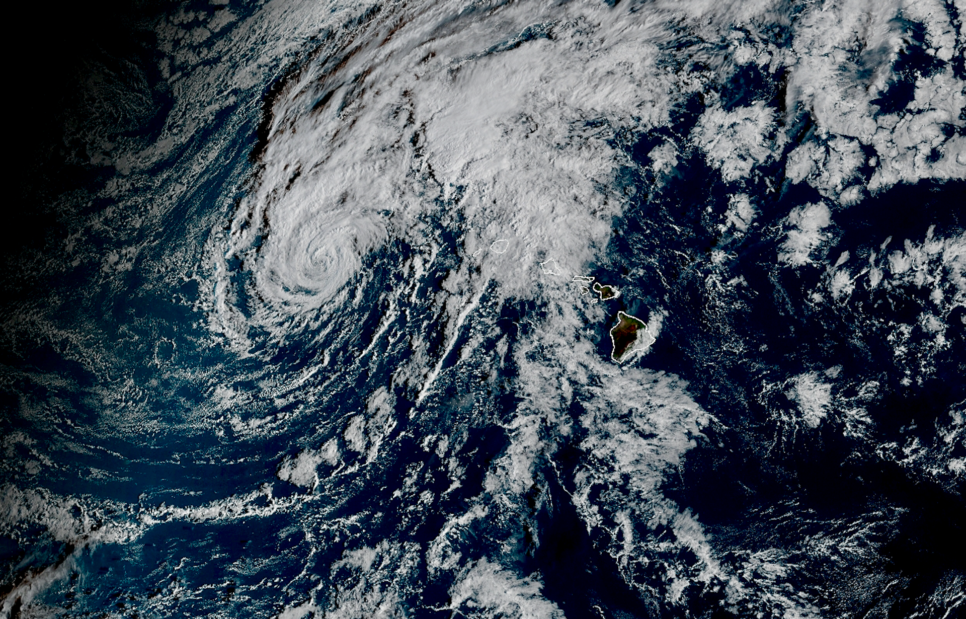 A satellite view of the hurricane and Hawaii.