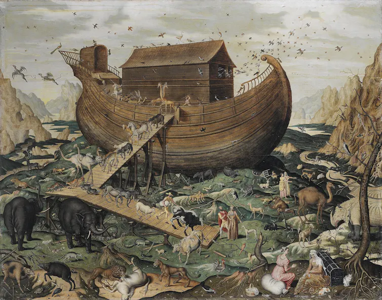 A large wooden ship surrounded by animals and people, mostly in pairs.