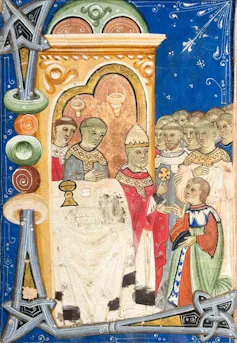 A scene of a man in green and orange robes kneeling in front of a man with red robes and a tall white hat.
