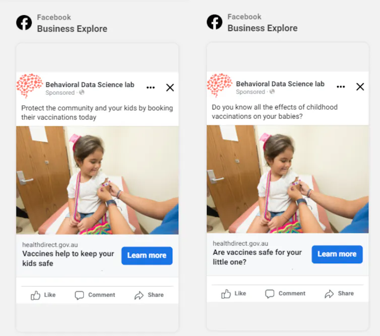 Two screenshots of Facebook ads side by side