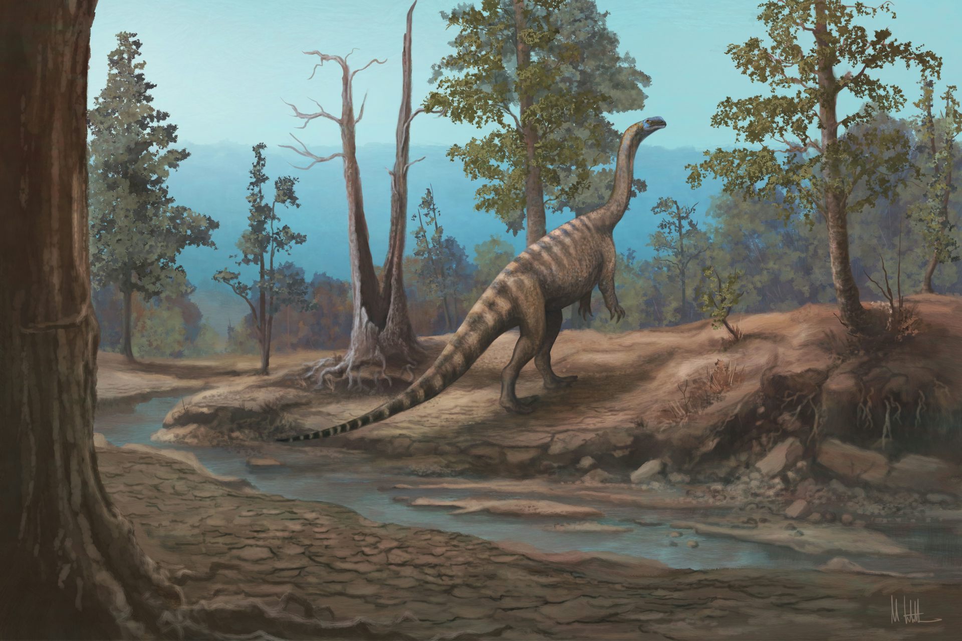 Illustration of a long-necked, long tailed creature standing on its hind legs, in an environment with trees and water