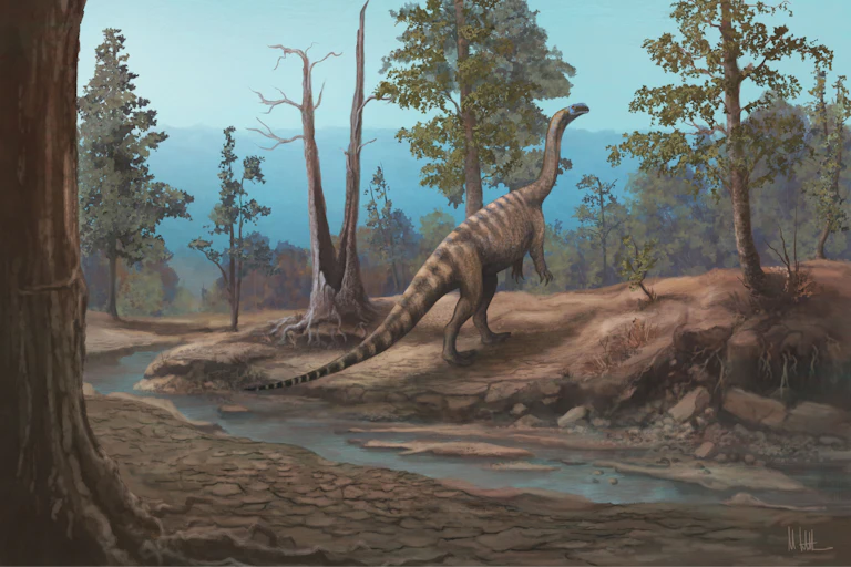 Illustration of a long-necked, long tailed creature standing on its hind legs, in an environment with trees and water
