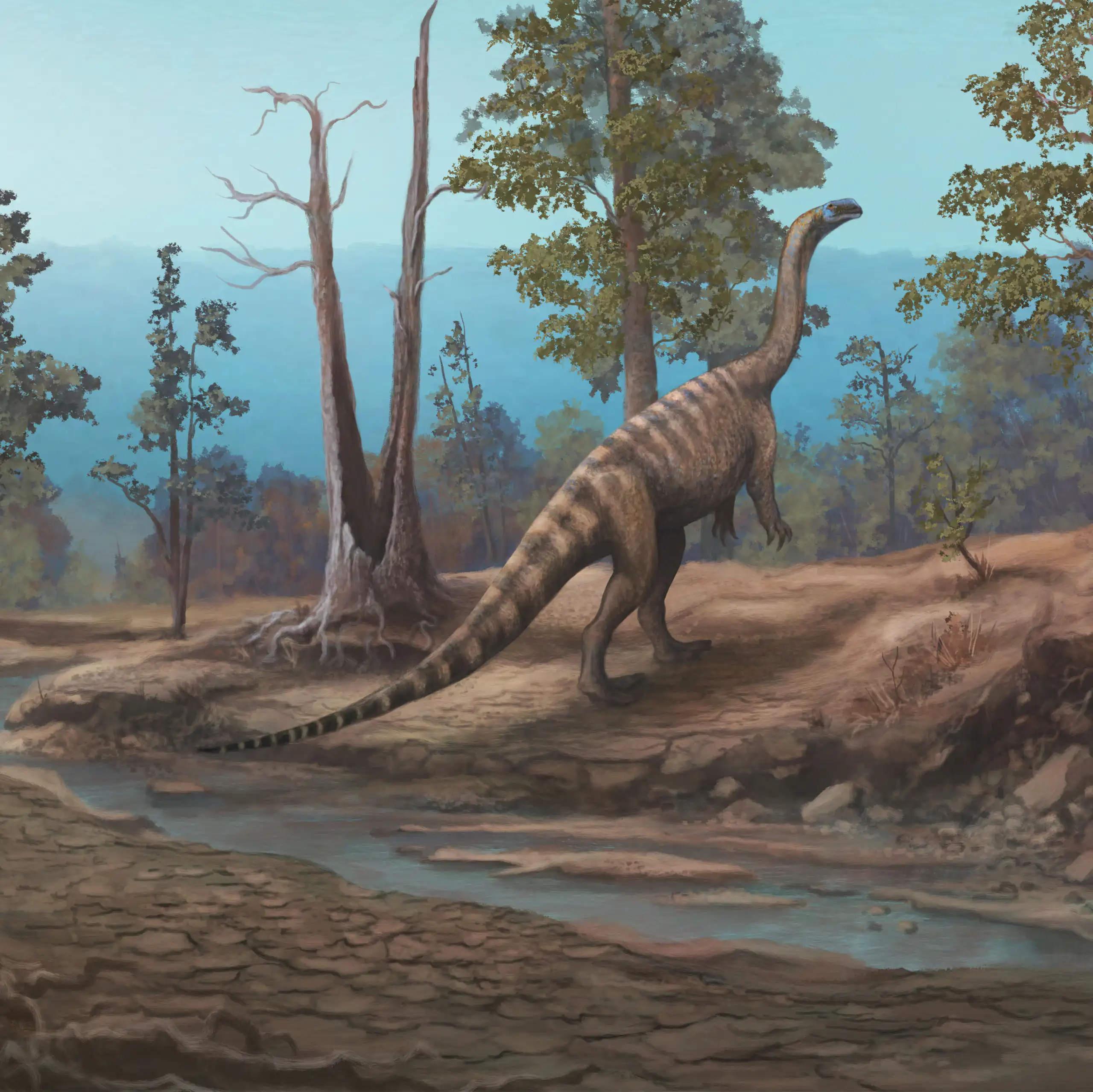 Illustration of a long-necked, long tailed creature standing on its hind legs, in an environment with trees and water