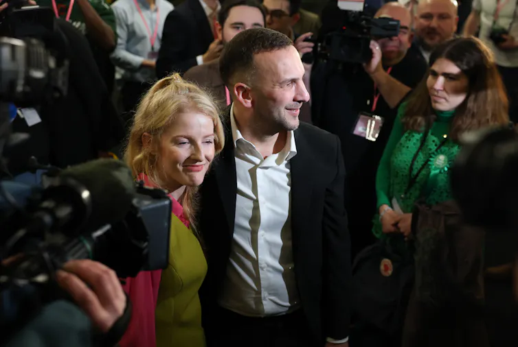 hannah spencer and zack polanski of the green party celebrate after spencer won the gorton and denton byelection in february 2026.
