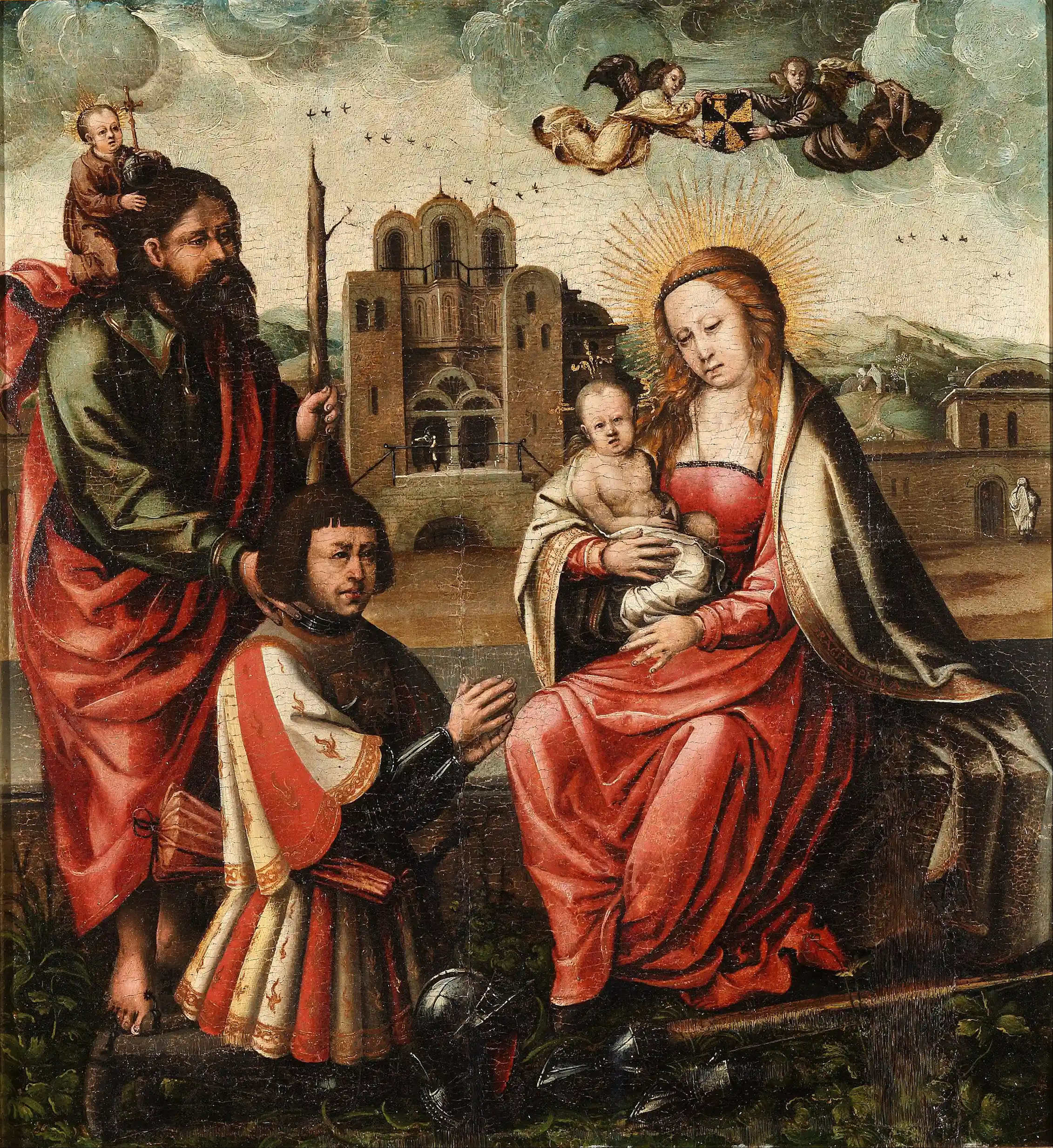 Four figures in robes, including an infant, are positioned in front of an ornate building facade, while angels fly overhead.