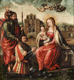 Four figures in robes, including an infant, are positioned in front of an ornate building facade, while angels fly overhead.