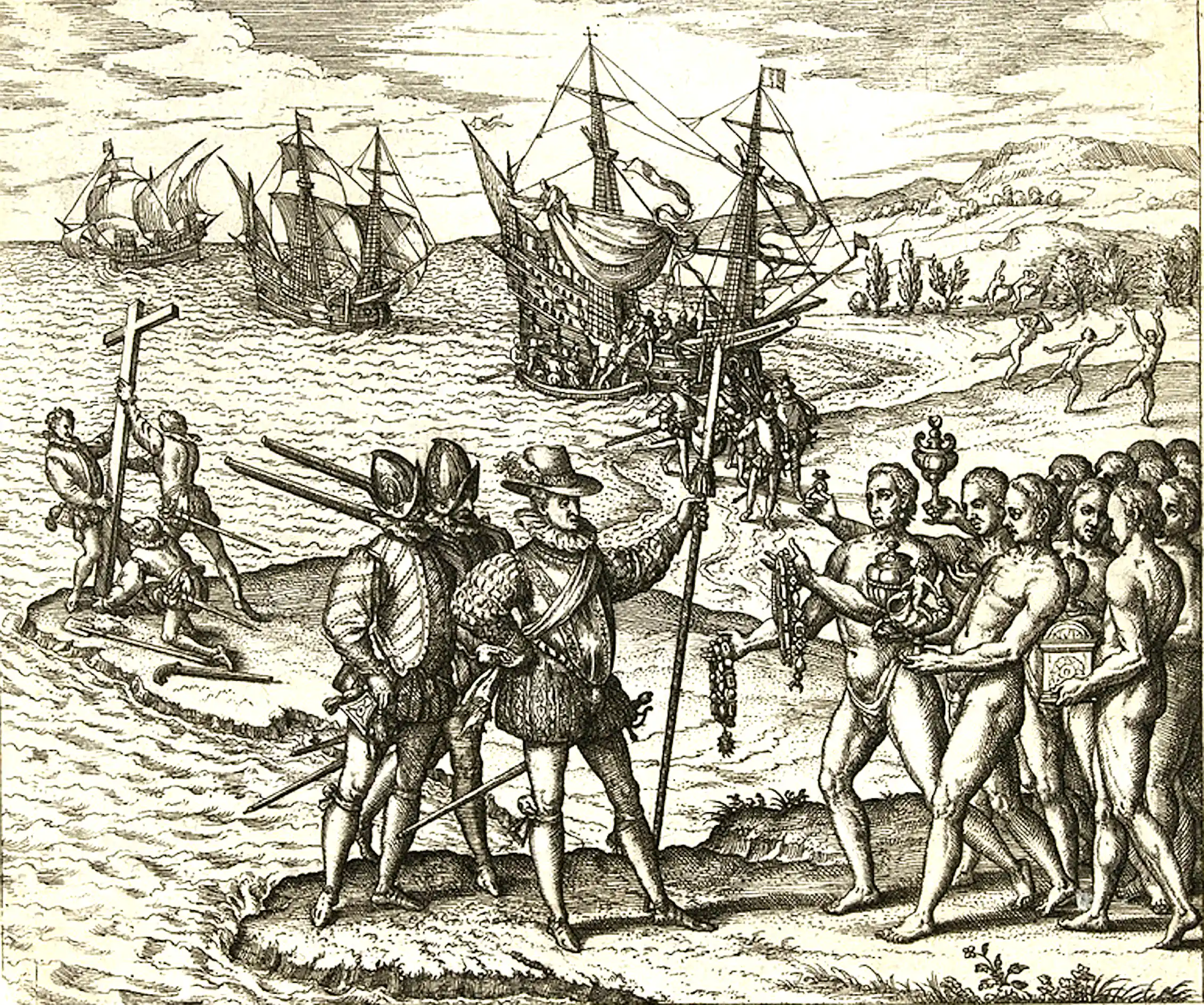 A black and white sketch shows men in armored hats standing on the shore as they talk with a group of unclothed men, while others raise a cross in the backgroun